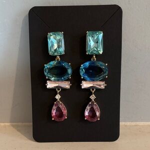 Elegant Gold Blue and Pink Crystal Drop Earrings